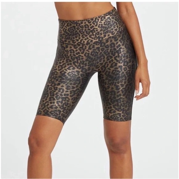 SPANX Pants - SPANX Leopard Shine Faux Leather Bike Shorts NWT